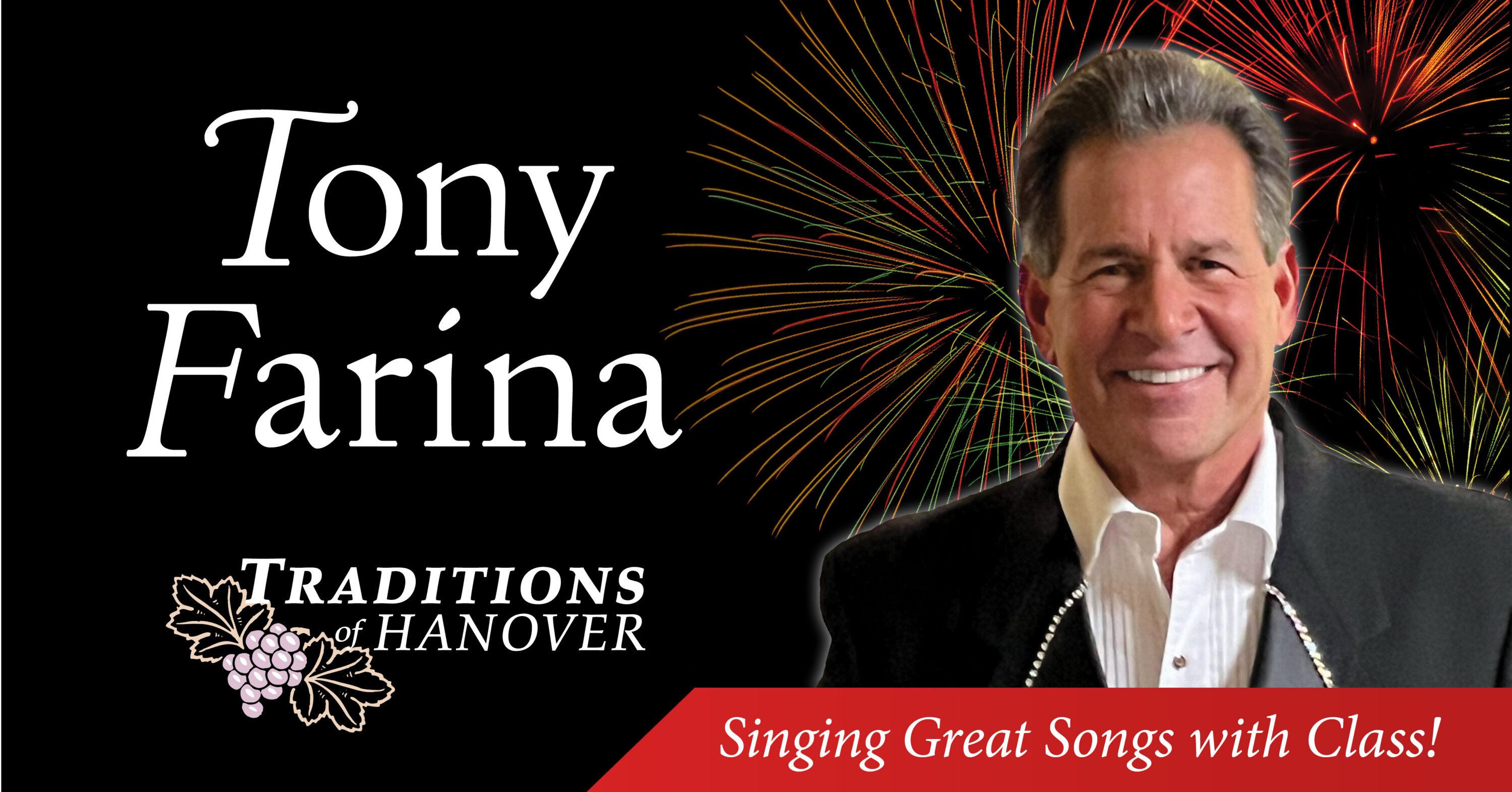 Tony Farina promotional banner with fireworks background