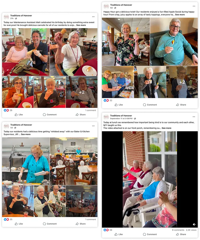 Traditions of Hanover Facebook posts showing resident activities and events